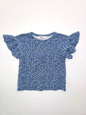 H&M Navy Blue Floral Flutter-Sleeve Tee